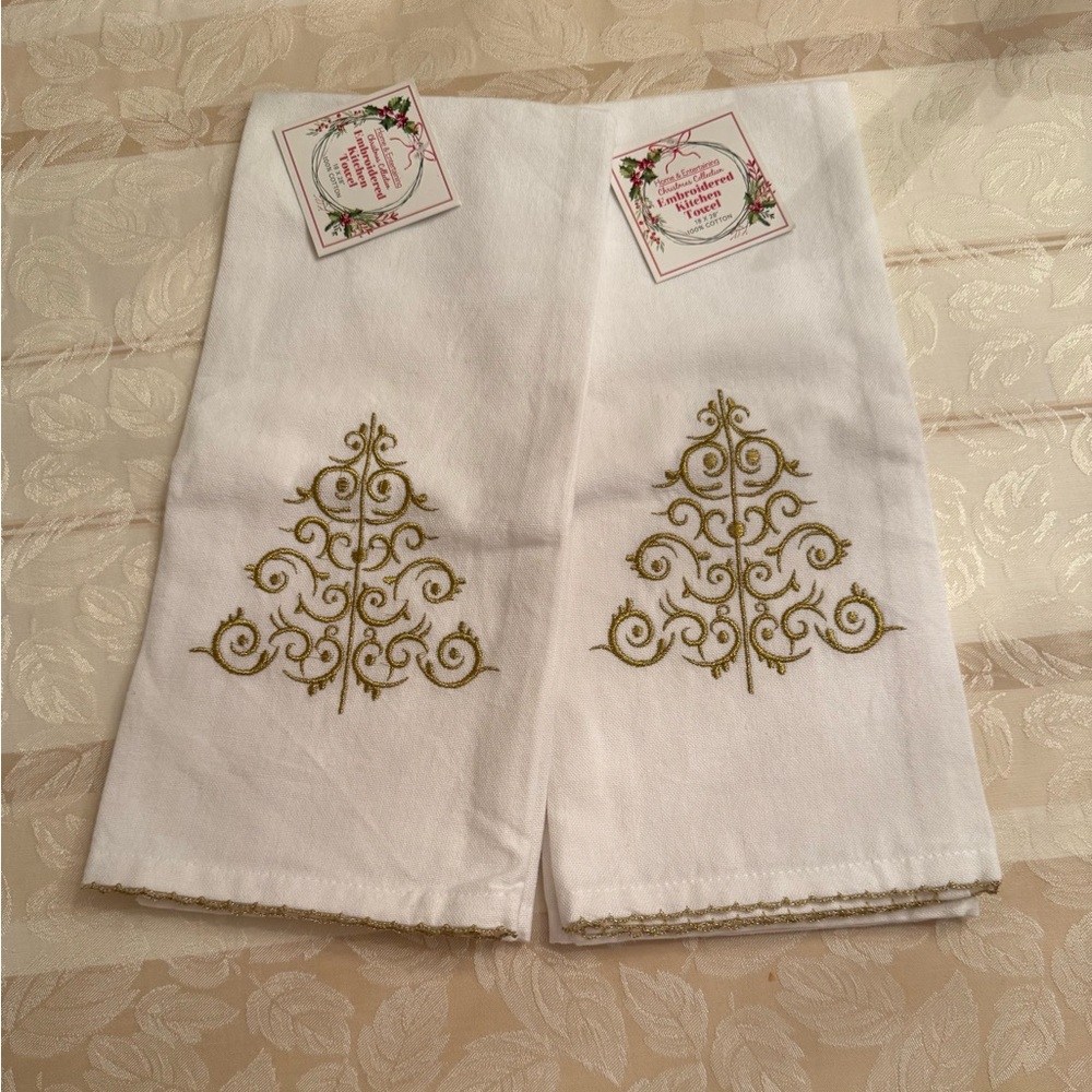 White and Gold Embroidered Tree Towels